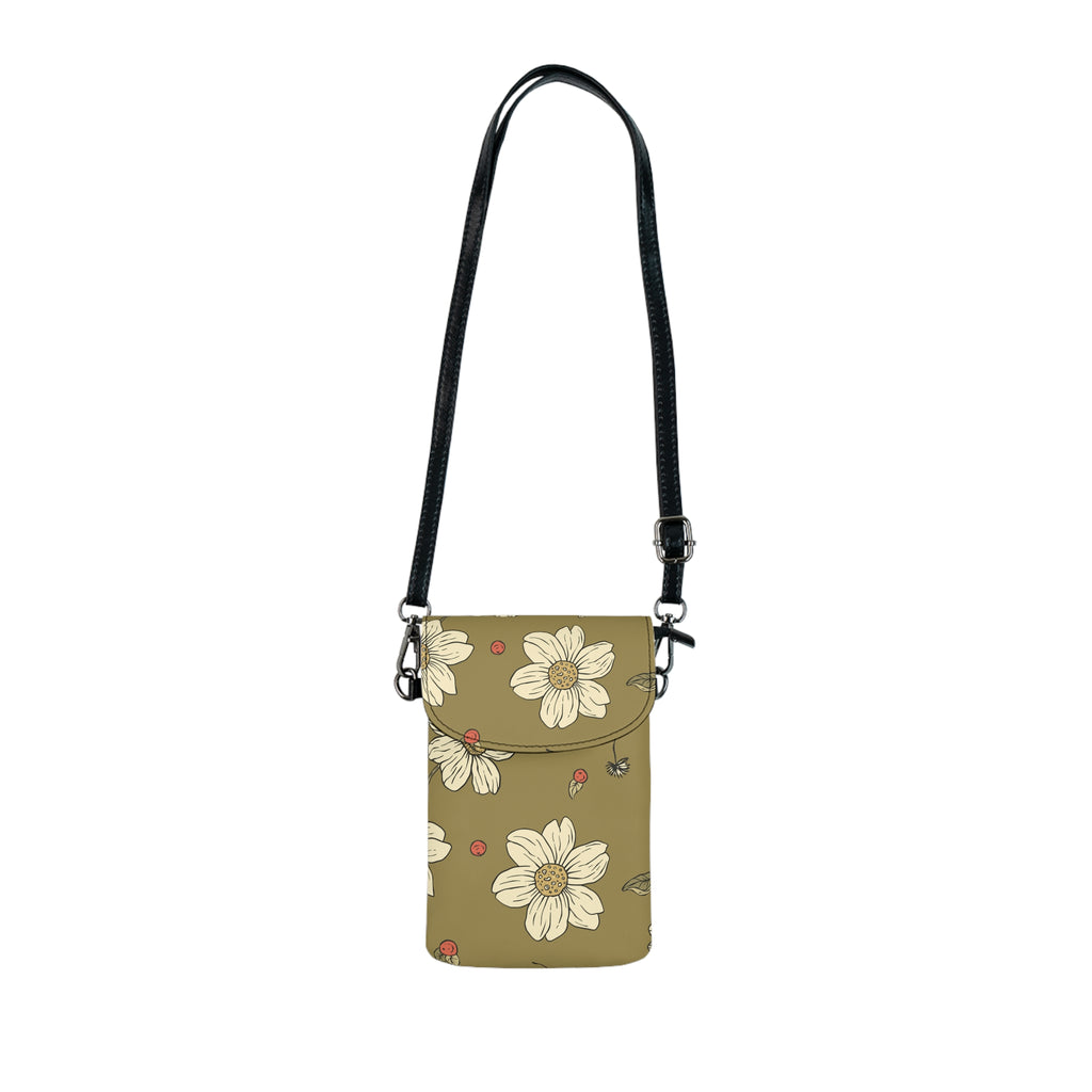 Olive Daisy & Lady Bug Crossbody Cell Phone Bag with Adjustable Strap — Travel & Getaway Accessory