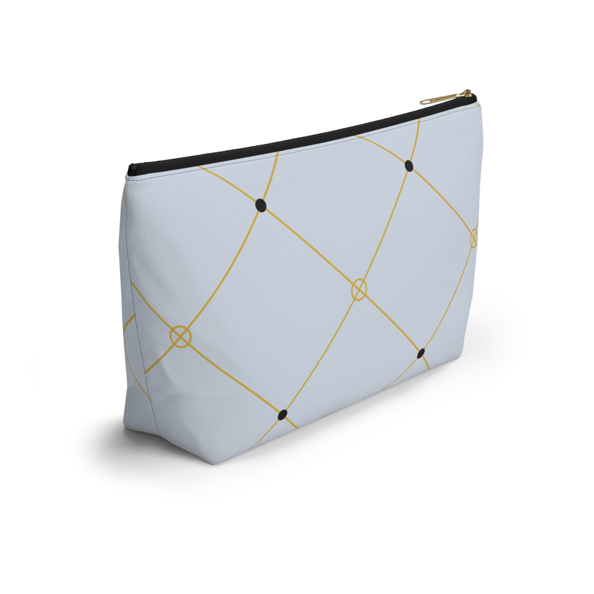 Elegant Light Blue and Gold Lattice Accessory Pouch with T-Bottom - Makeup & Travel Organizer