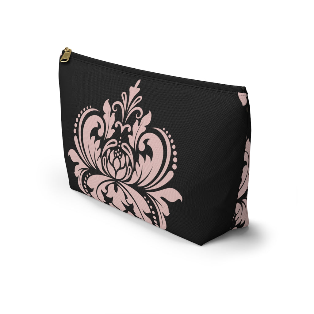 Black & Blush Damask Cosmetic Pouch with T-Bottom  —  Makeup & Travel Cosmetic Bag