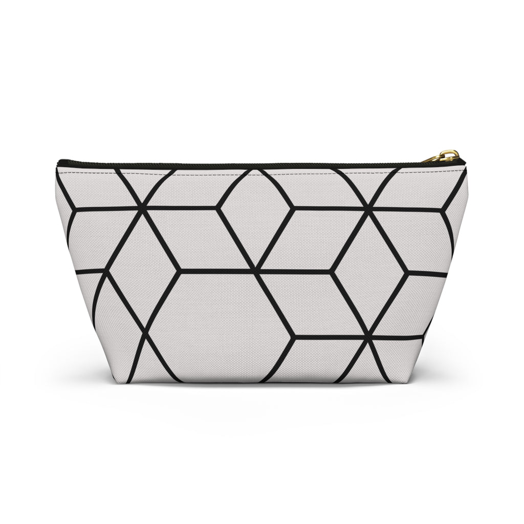 Black & Grey Geometric Hexagon Accessory Pouch with T-Bottom Bag - Makeup & Travel Organzier