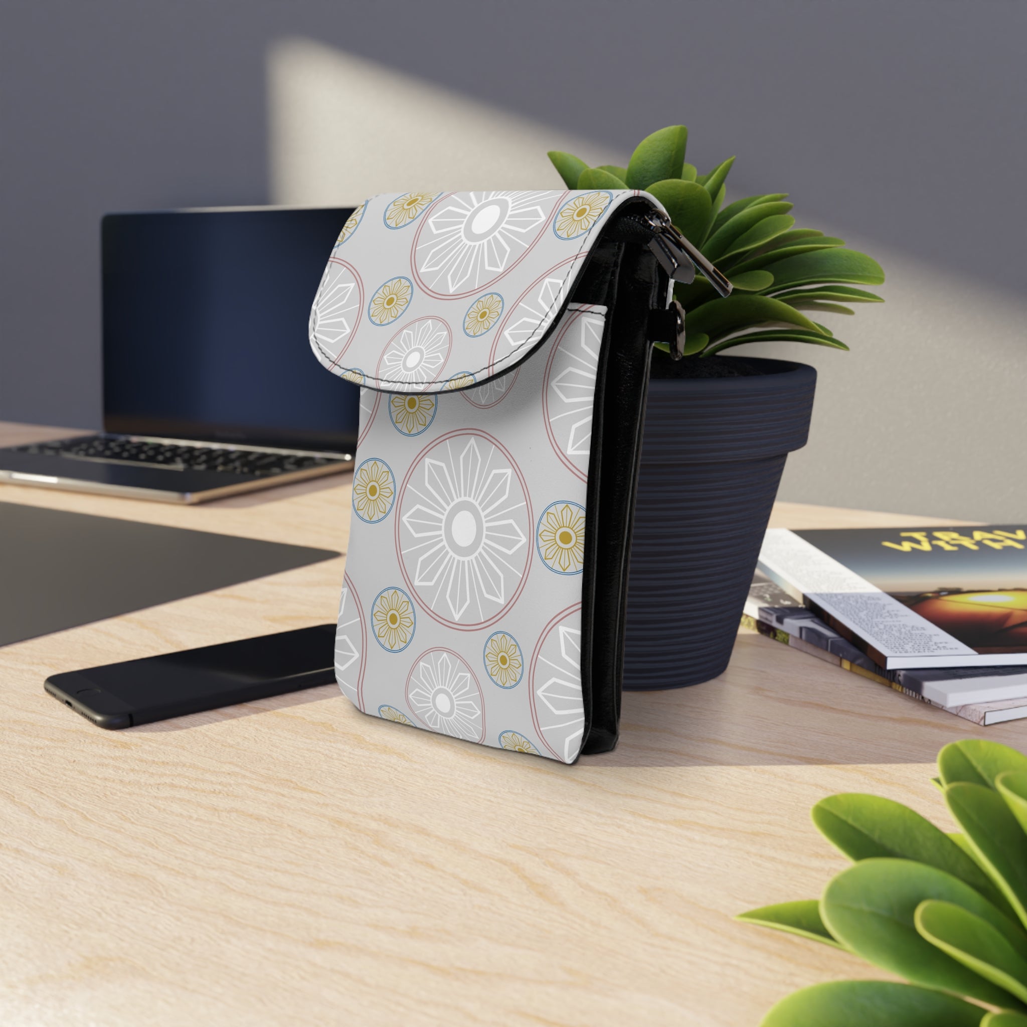 Light Blue Medallion Crossbody Cell Phone Bag with Adjustable Strap — Travel & Getaway Accessory