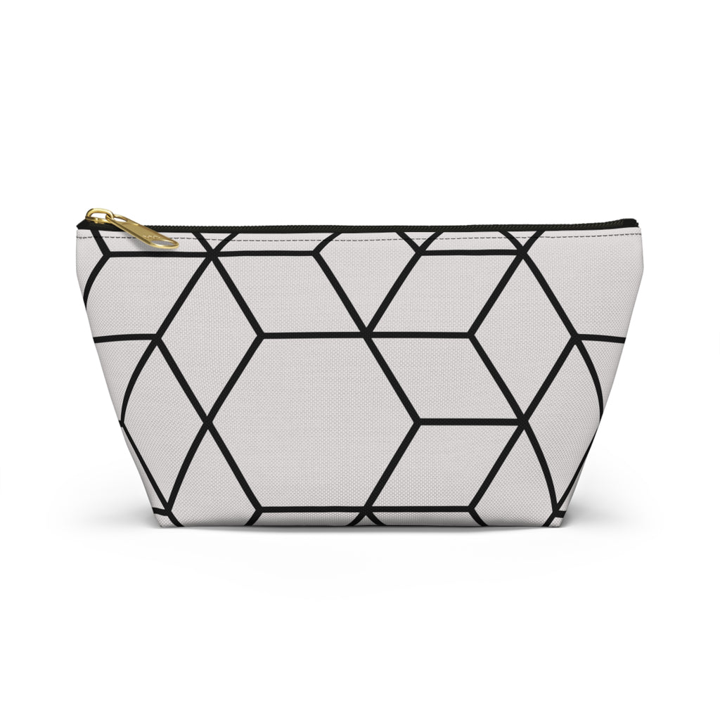 Black & Grey Geometric Hexagon Accessory Pouch with T-Bottom Bag - Makeup & Travel Organzier