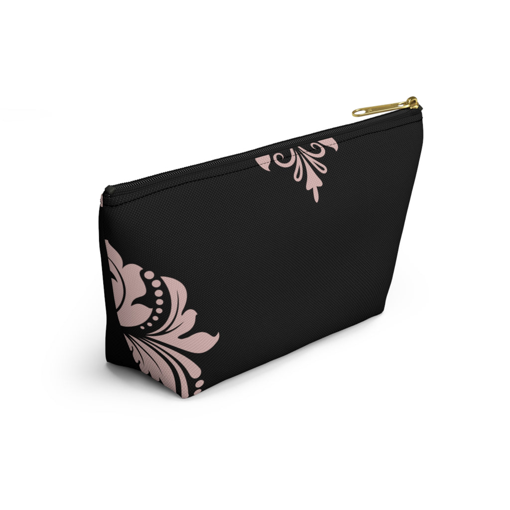 Black & Blush Damask Cosmetic Pouch with T-Bottom  —  Makeup & Travel Cosmetic Bag