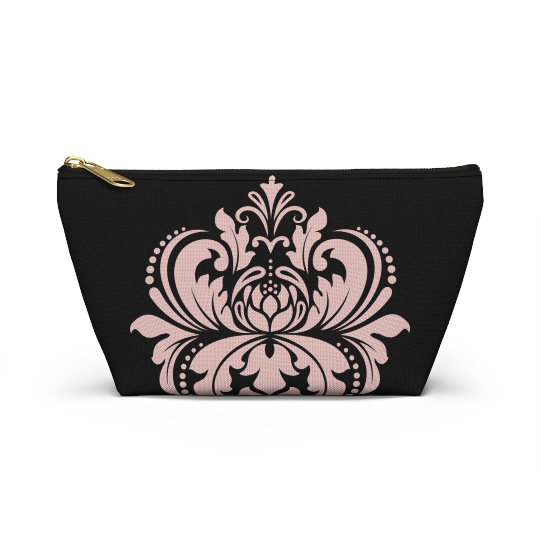 Black & Blush Damask Cosmetic Pouch with T-Bottom  —  Makeup & Travel Cosmetic Bag