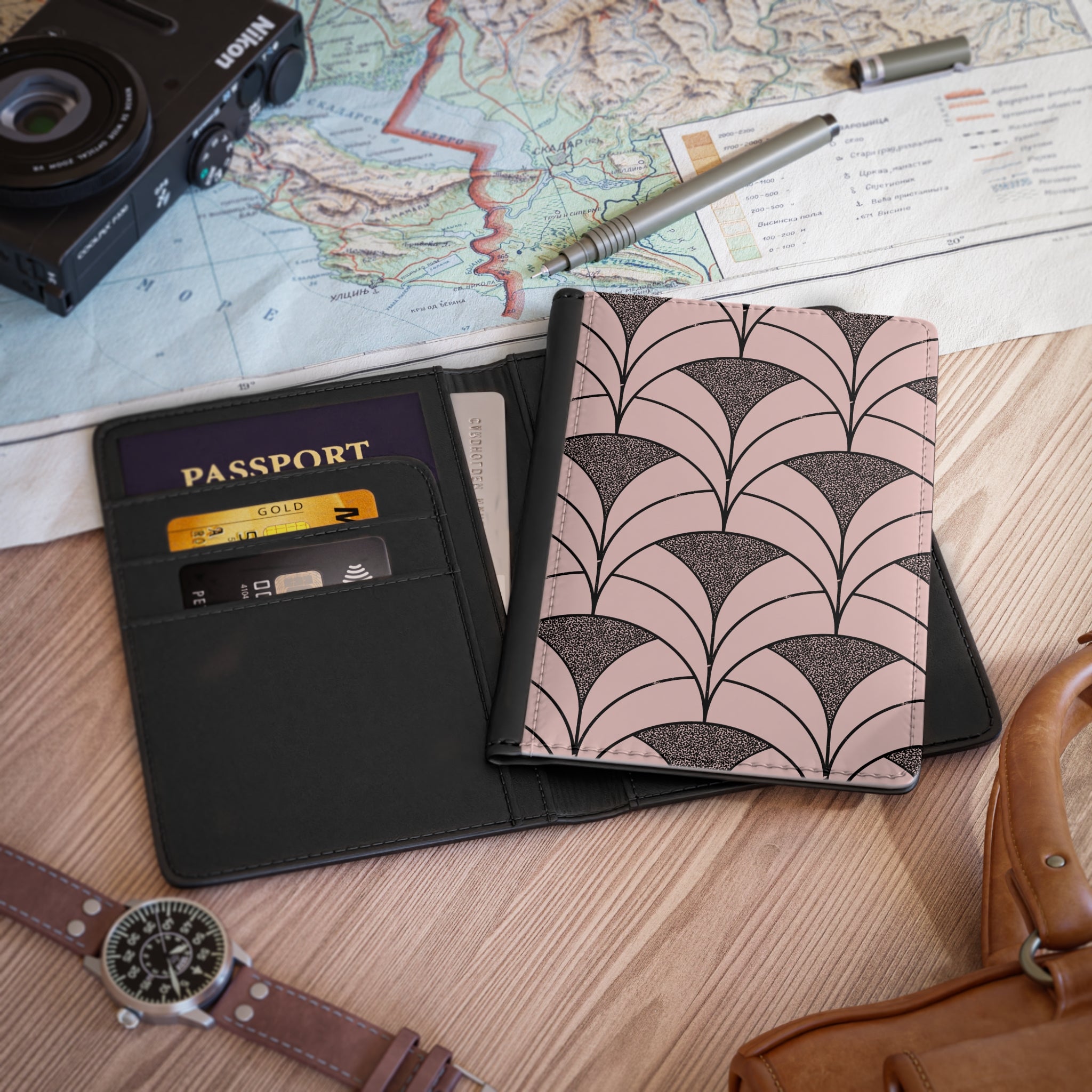 Art Deco Pink Fan Passport Cover — Travel Wallet