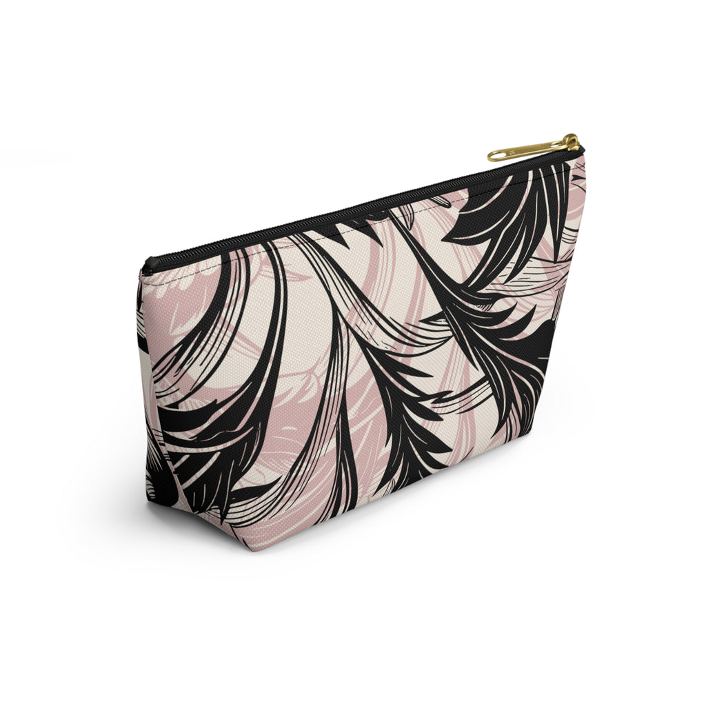Pink and Black Palm Accessory Pouch with T‑Bottom - Makeup & Travel Organizer