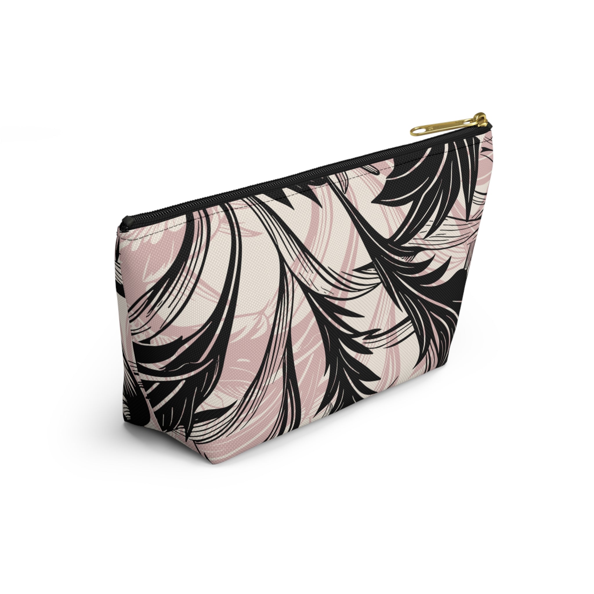 Pink and Black Palm Accessory Pouch with T‑Bottom - Makeup & Travel Organizer