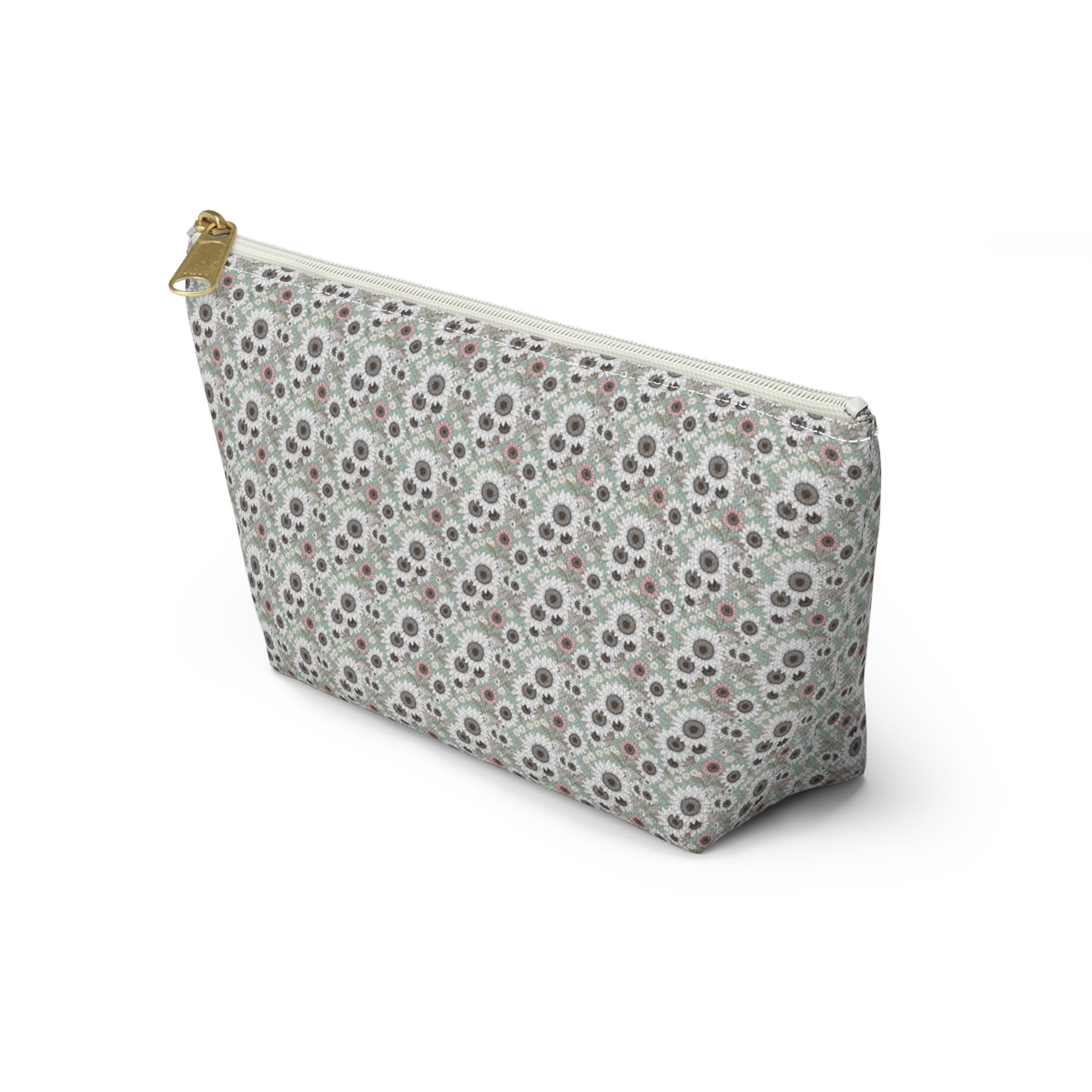Teal Daisy Print Accessory Pouch with T‑Bottom - Makeup & Travel Cosmetic Bag