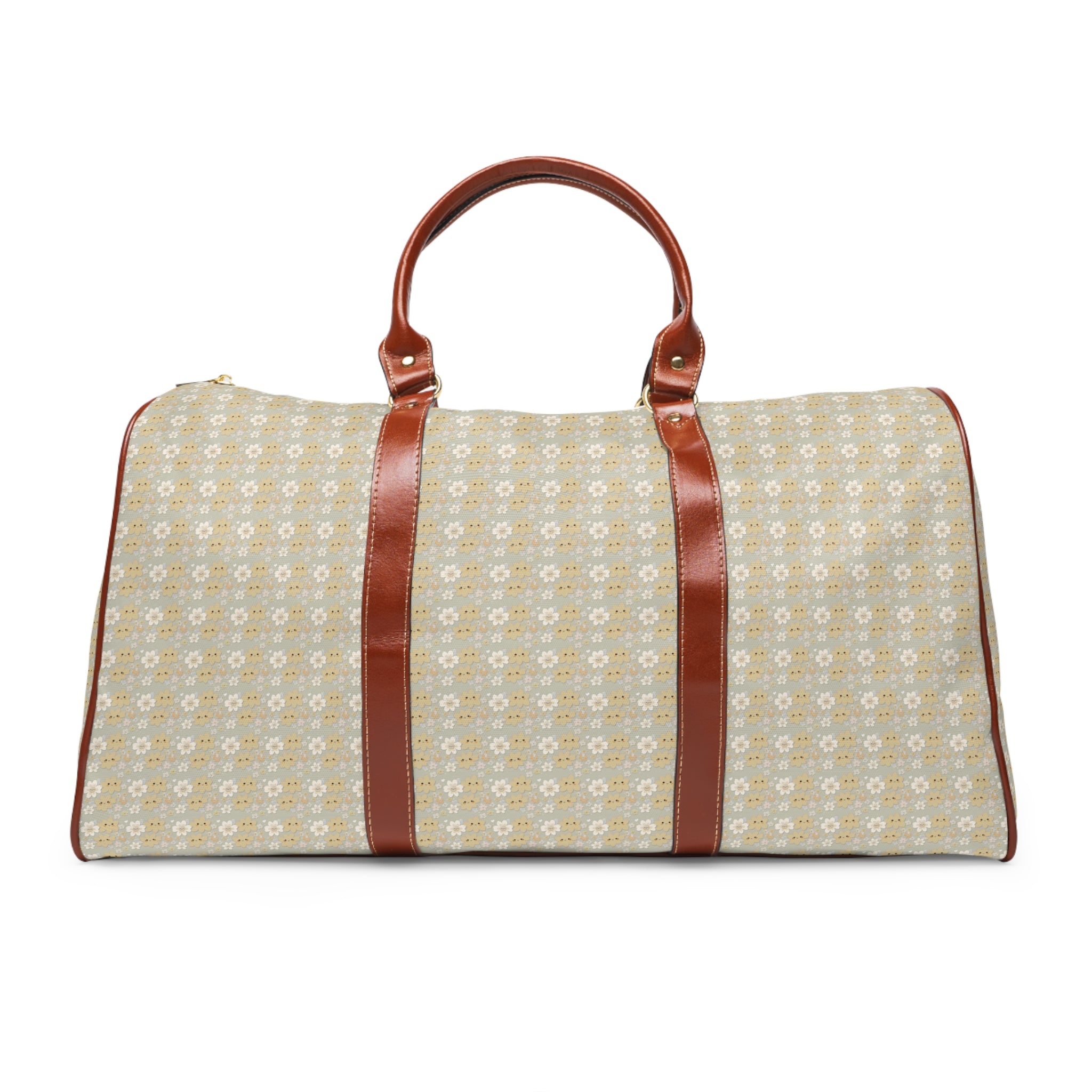 Chestnut Daisy Print Waterproof Travel Duffle Bag with Brown Leather Trim - HydroLux Travel Bag Collection