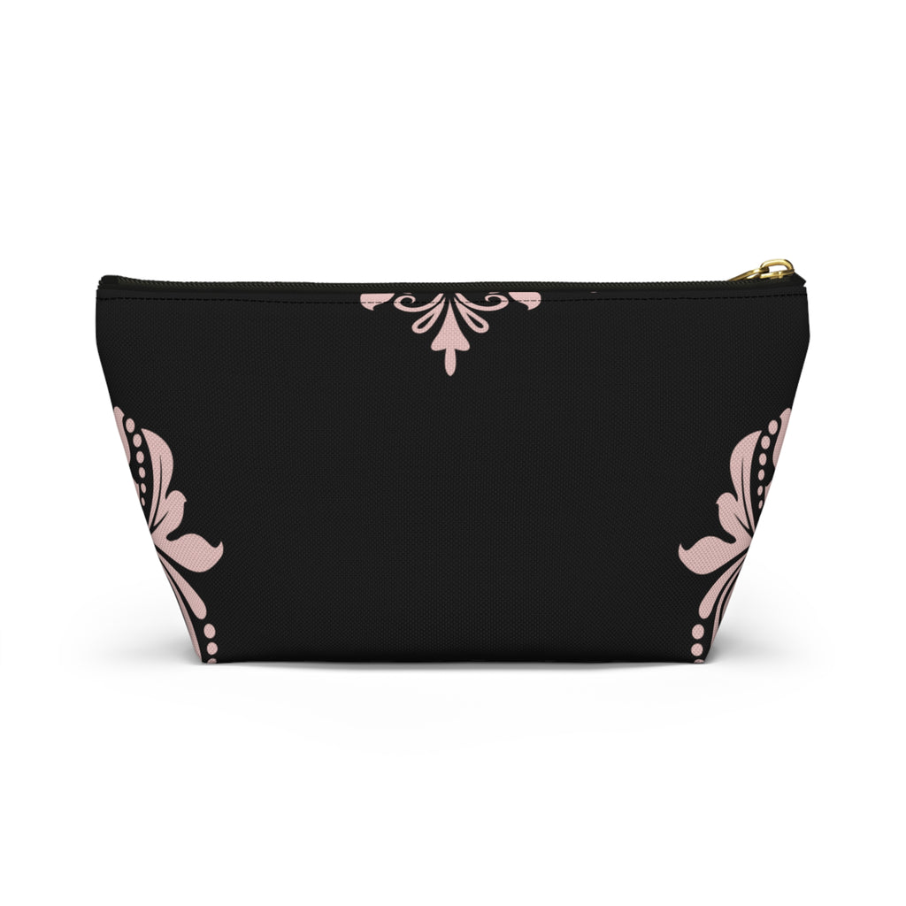Black & Blush Damask Cosmetic Pouch with T-Bottom  —  Makeup & Travel Cosmetic Bag
