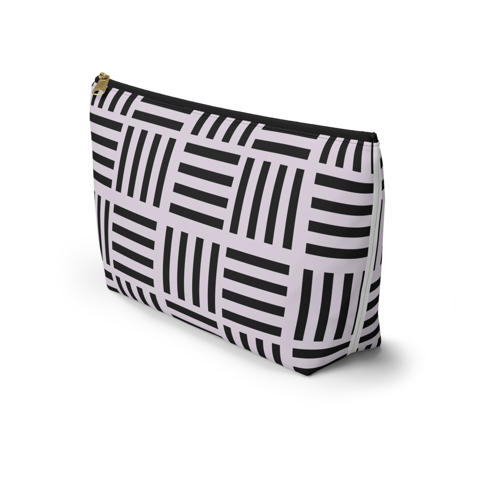 Blush and Black Geometric Grid Accessory Pouch with T-Bottom - Makeup & Travel Organzer