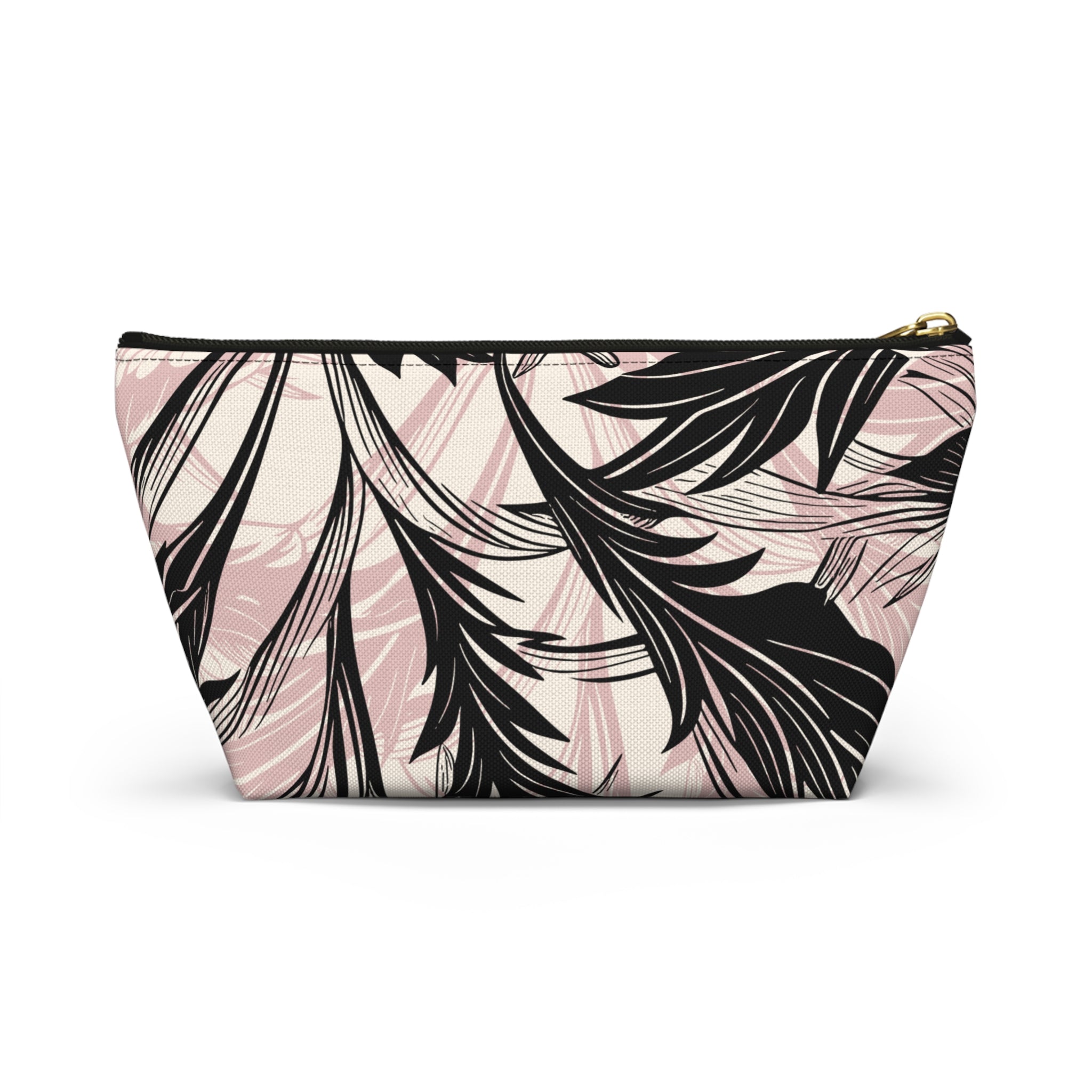 Pink & Black Palm Accessory Pouch with T‑Bottom -  Makeup and Travel Organizer