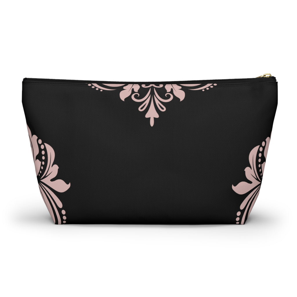 Black & Blush Damask Cosmetic Pouch with T-Bottom  —  Makeup & Travel Cosmetic Bag