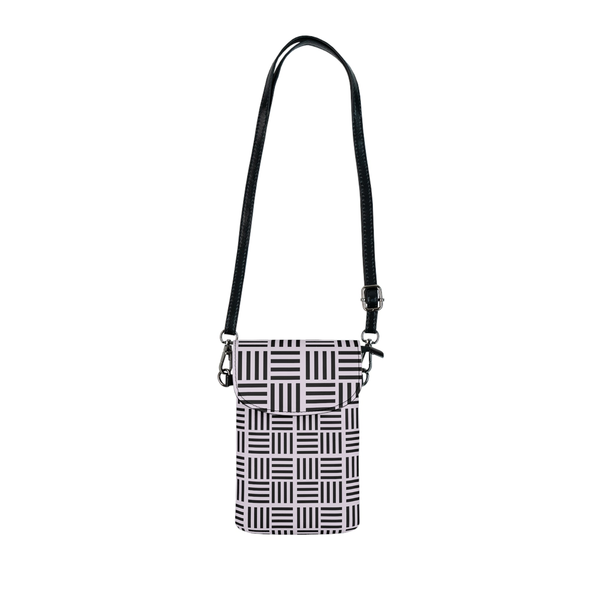 Black & Pink Geometric Grid Cell Phone Bag with Adjustable Strap - Travel & Getaway Accessory