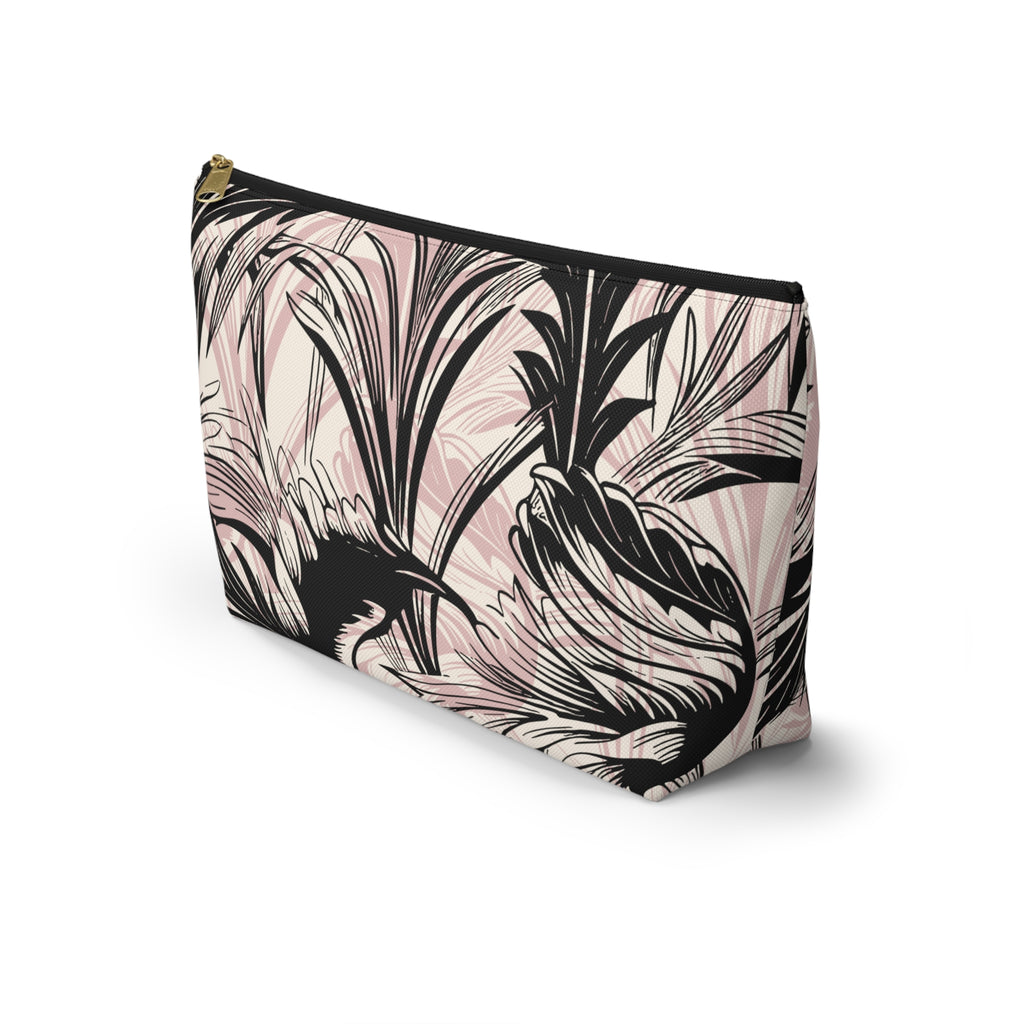 Pink and Black Palm Accessory Pouch with T‑Bottom - Makeup & Travel Organizer
