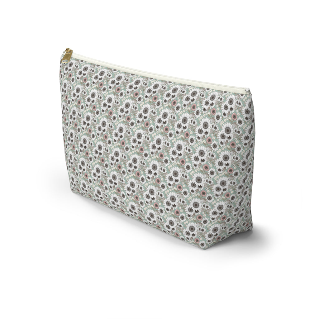 Teal Daisy Print Accessory Pouch with T‑Bottom - Makeup & Travel Cosmetic Bag