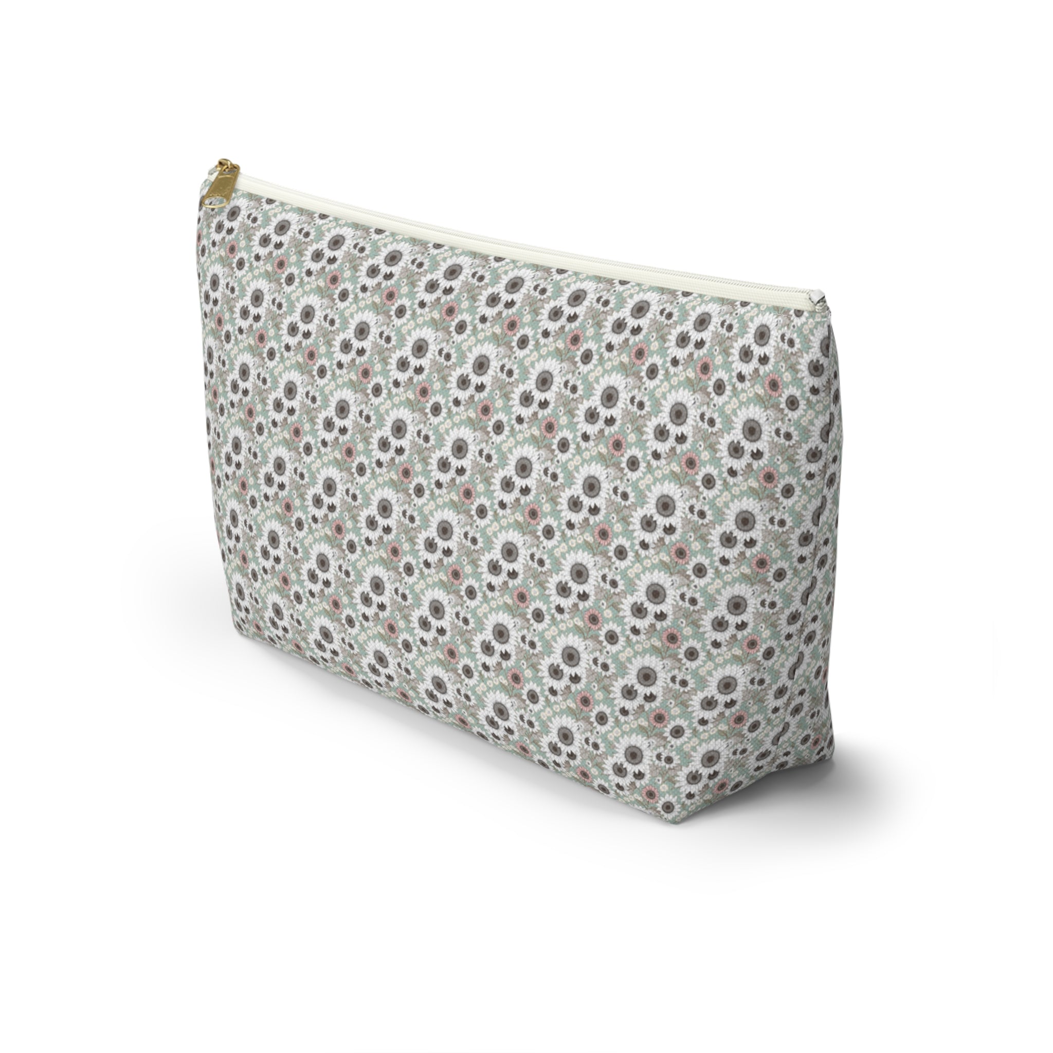 Teal Daisy Print Accessory Pouch with T‑Bottom - Makeup & Travel Cosmetic Bag