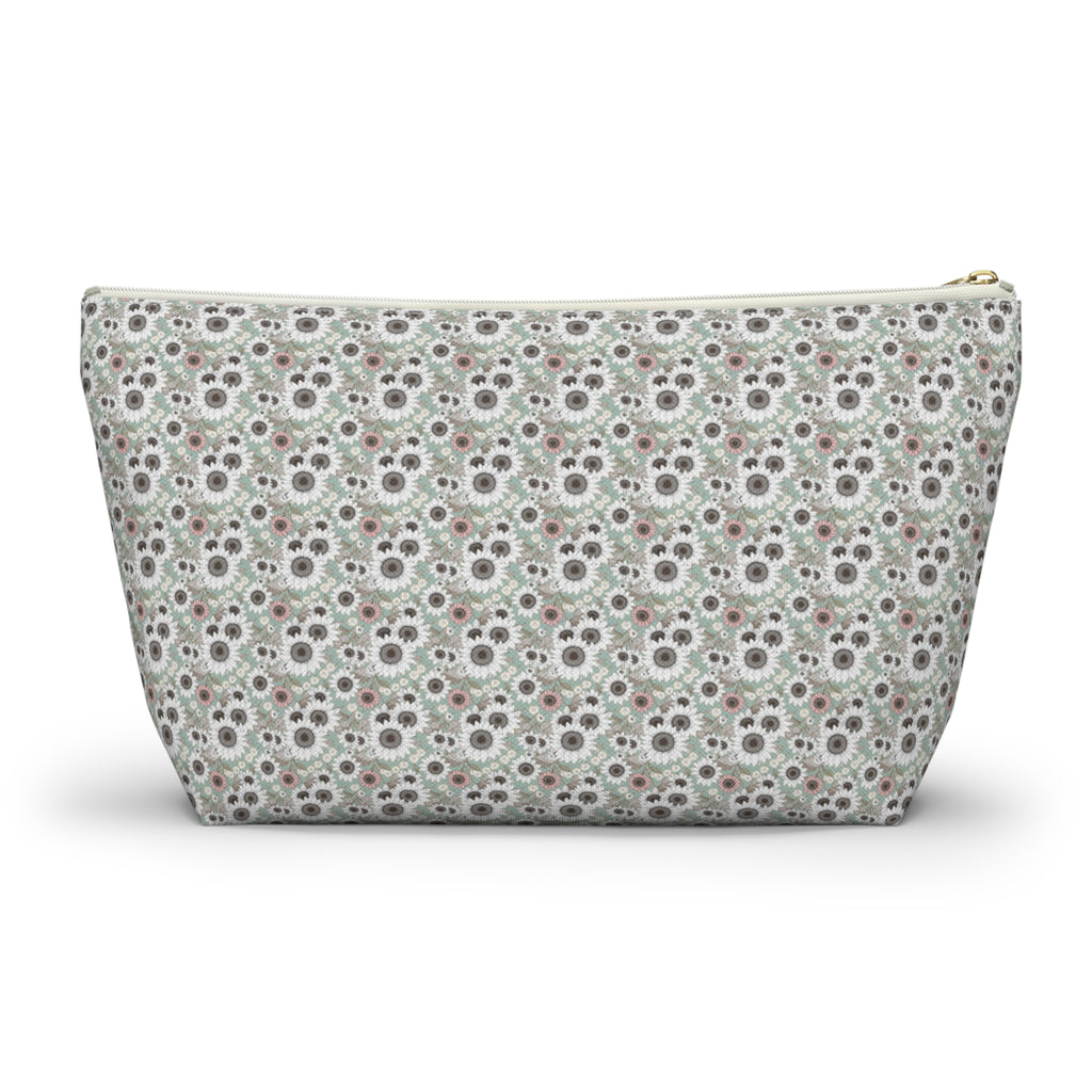 Teal Daisy Print Accessory Pouch with T‑Bottom - Makeup & Travel Cosmetic Bag