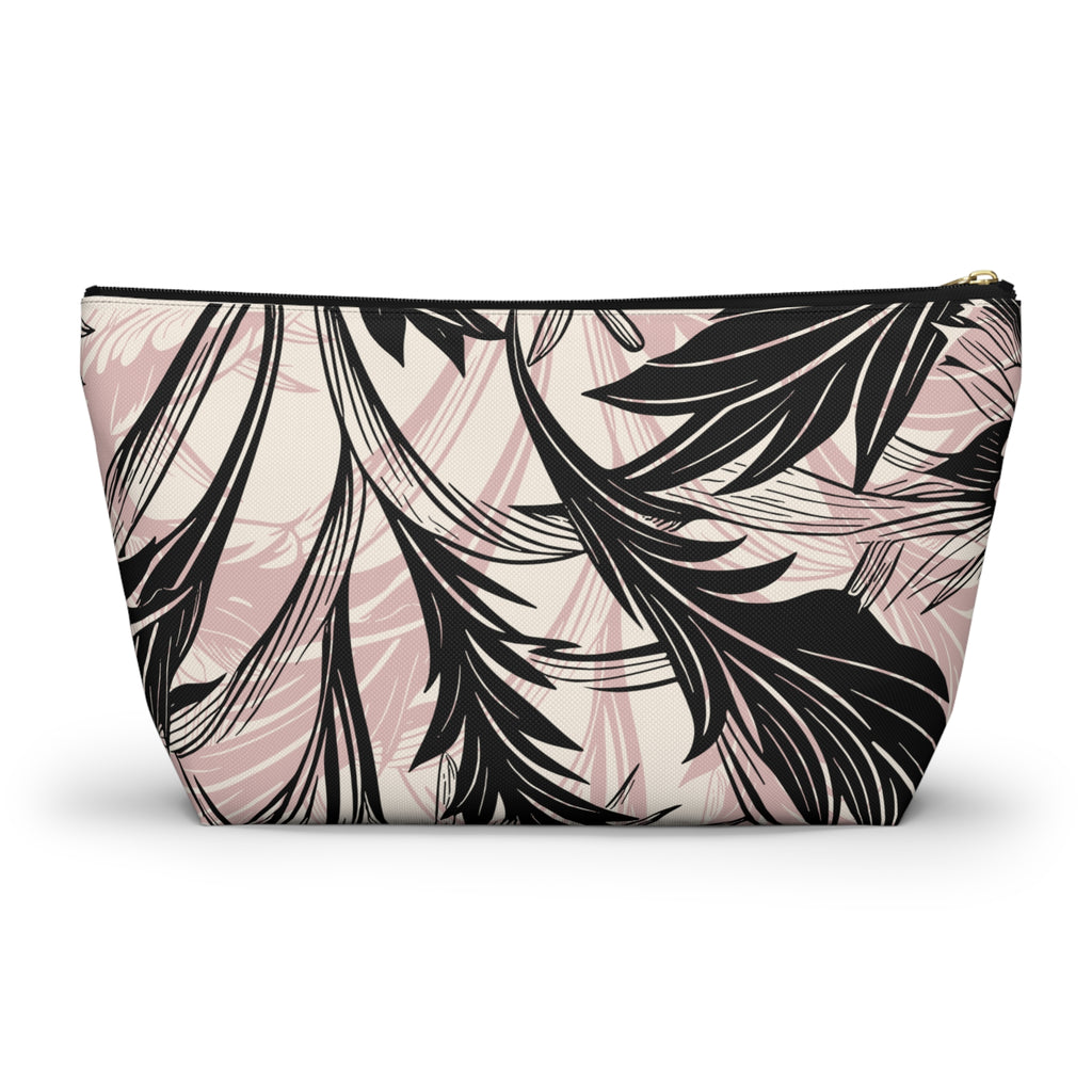 Pink & Black Palm Accessory Pouch with T‑Bottom -  Makeup and Travel Organizer