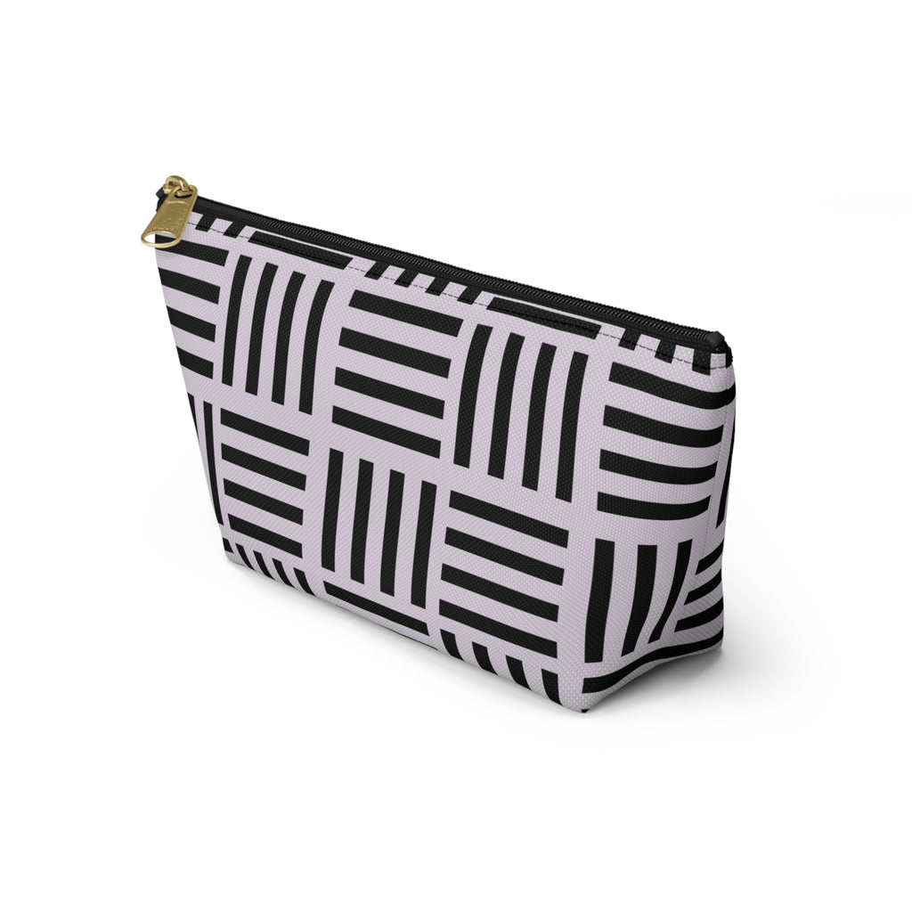 Blush and Black Geometric Grid Accessory Pouch with T-Bottom - Makeup & Travel Organzer