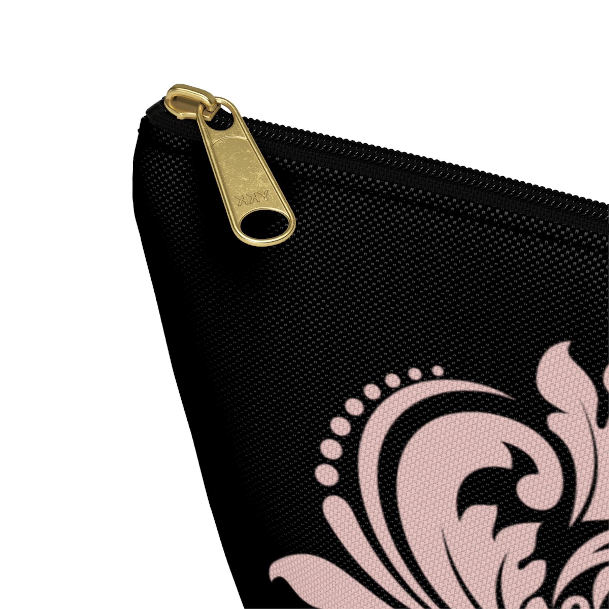 Black & Blush Damask Cosmetic Pouch with T-Bottom  —  Makeup & Travel Cosmetic Bag