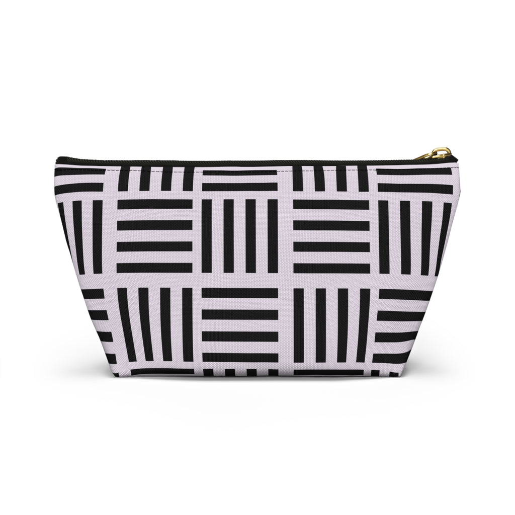 Blush and Black Geometric Grid Accessory Pouch with T-Bottom - Makeup & Travel Organzer