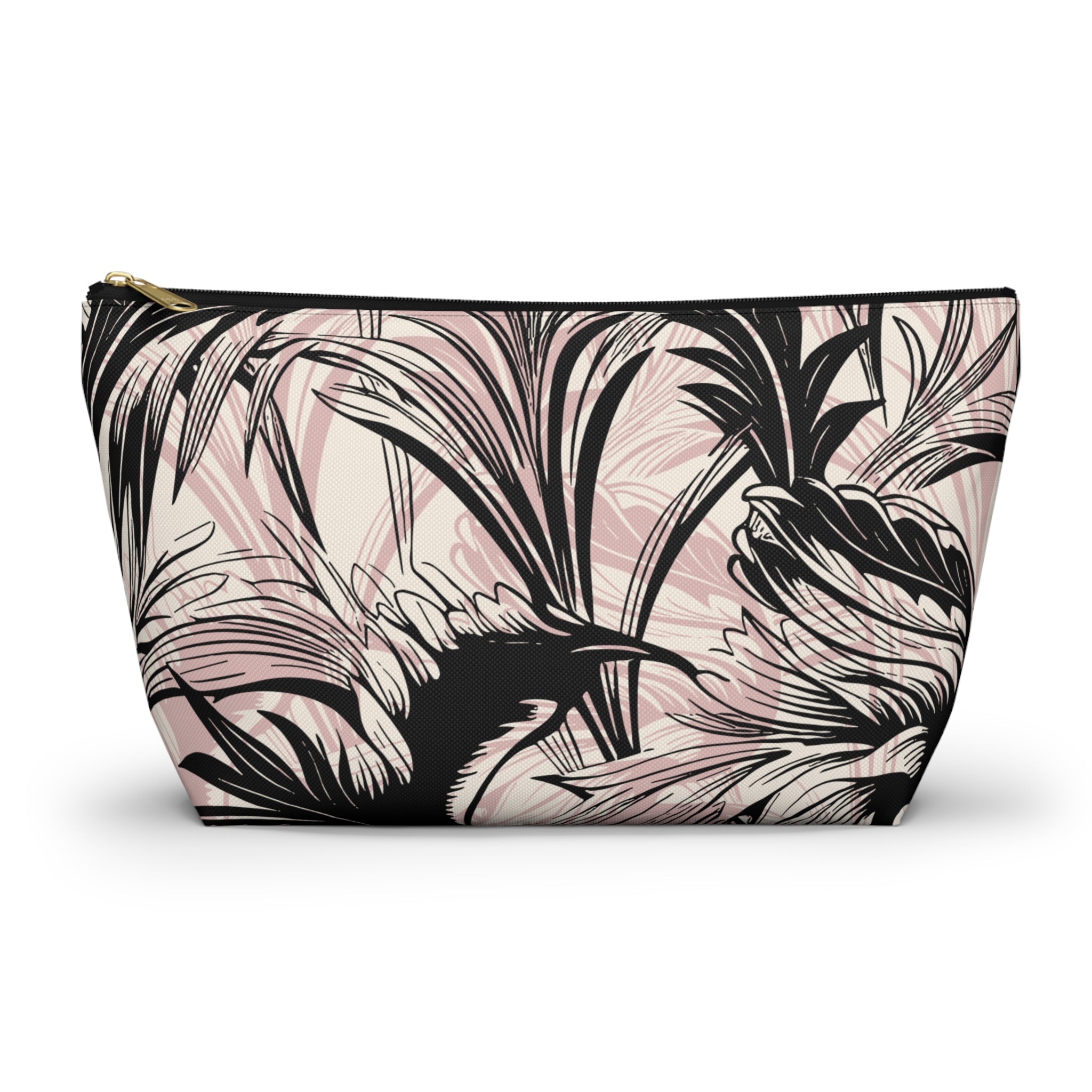 Pink & Black Palm Accessory Pouch with T‑Bottom -  Makeup and Travel Organizer