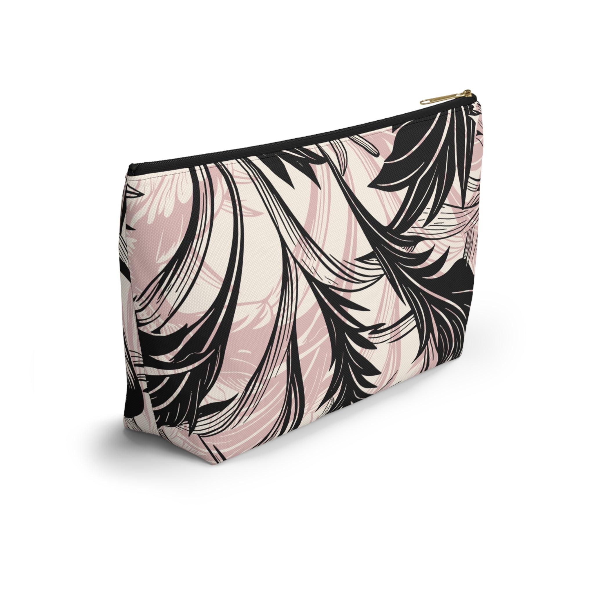 Pink and Black Palm Accessory Pouch with T‑Bottom - Makeup & Travel Organizer
