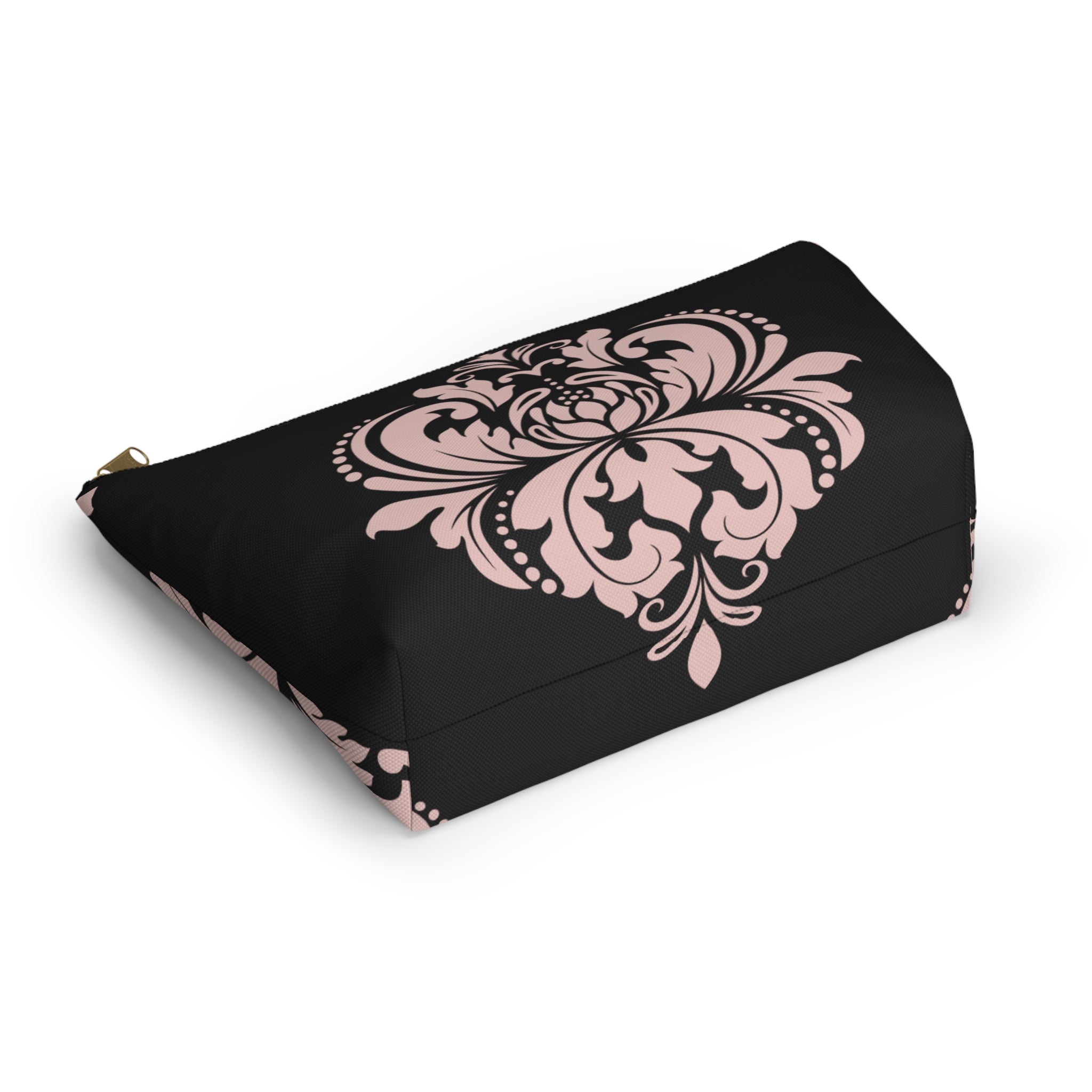 Black & Blush Damask Cosmetic Pouch with T-Bottom  —  Makeup & Travel Cosmetic Bag