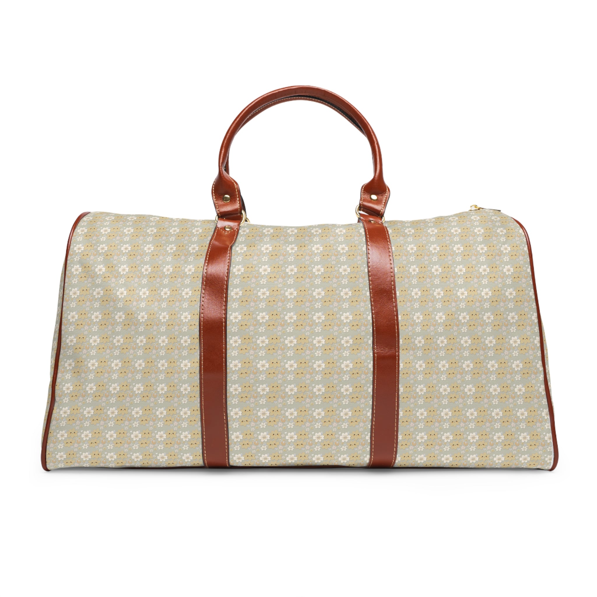 Chestnut Daisy Print Waterproof Travel Duffle Bag with Brown Leather Trim - HydroLux Travel Bag Collection