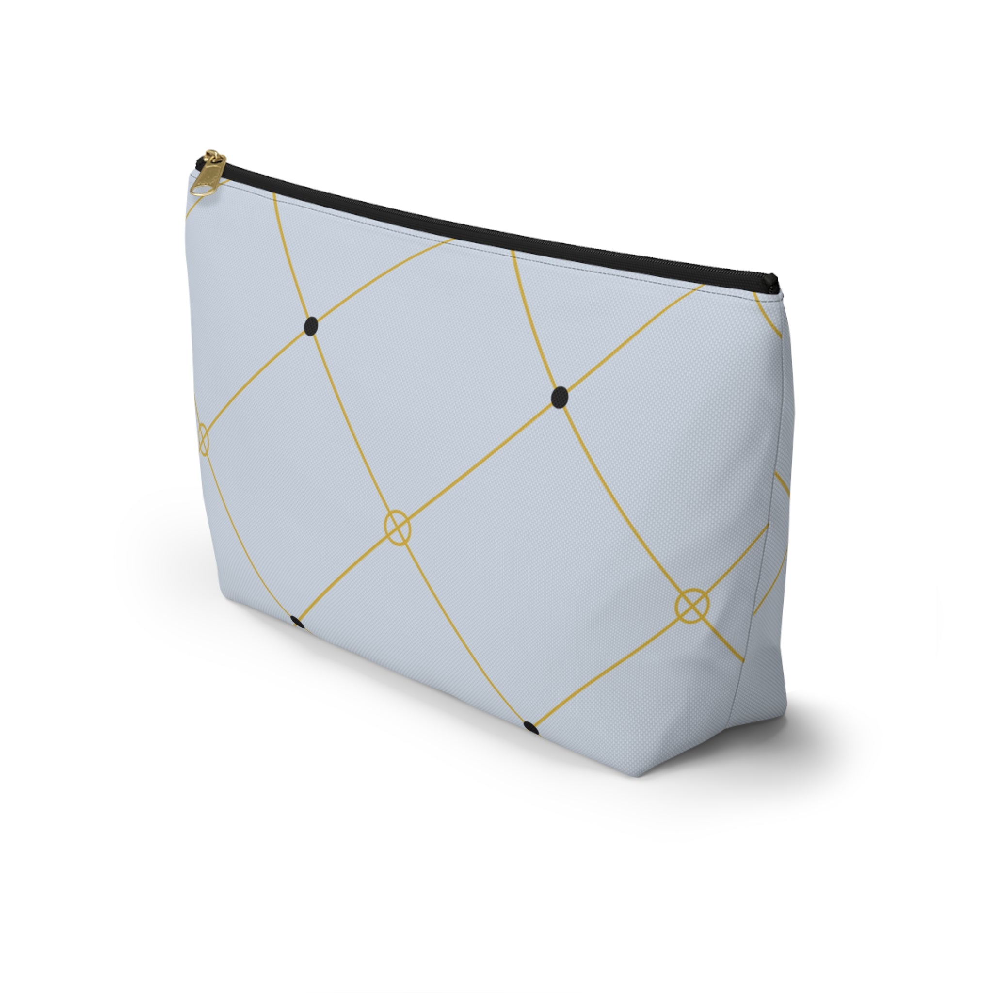 Elegant Light Blue and Gold Lattice Accessory Pouch with T-Bottom - Makeup & Travel Organizer