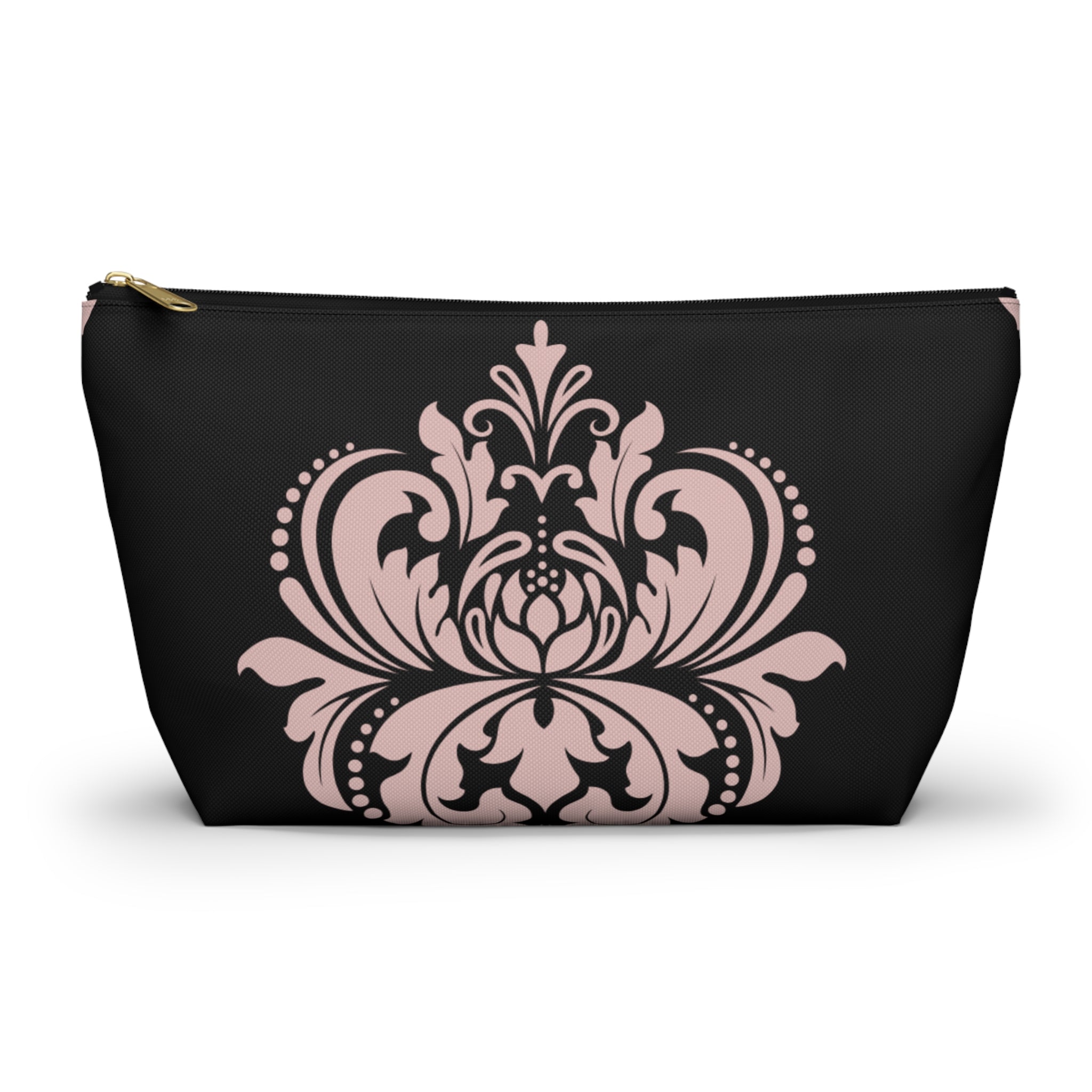 Black & Blush Damask Cosmetic Pouch with T-Bottom  —  Makeup & Travel Cosmetic Bag