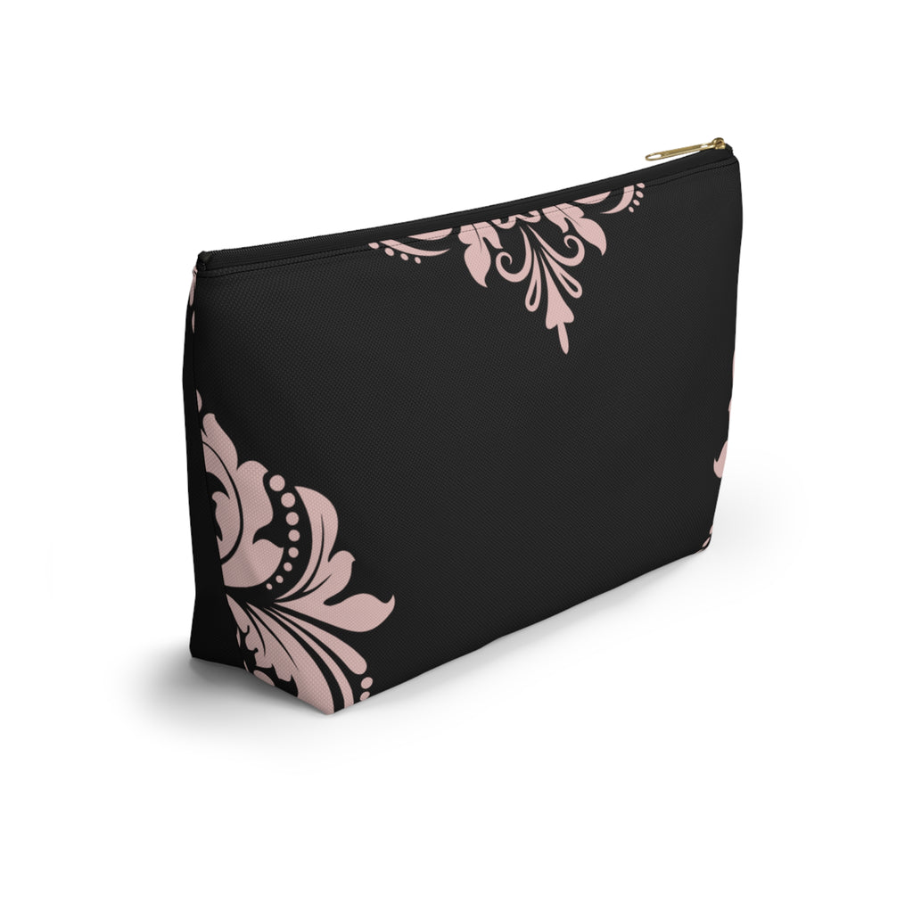 Black & Blush Damask Cosmetic Pouch with T-Bottom  —  Makeup & Travel Cosmetic Bag