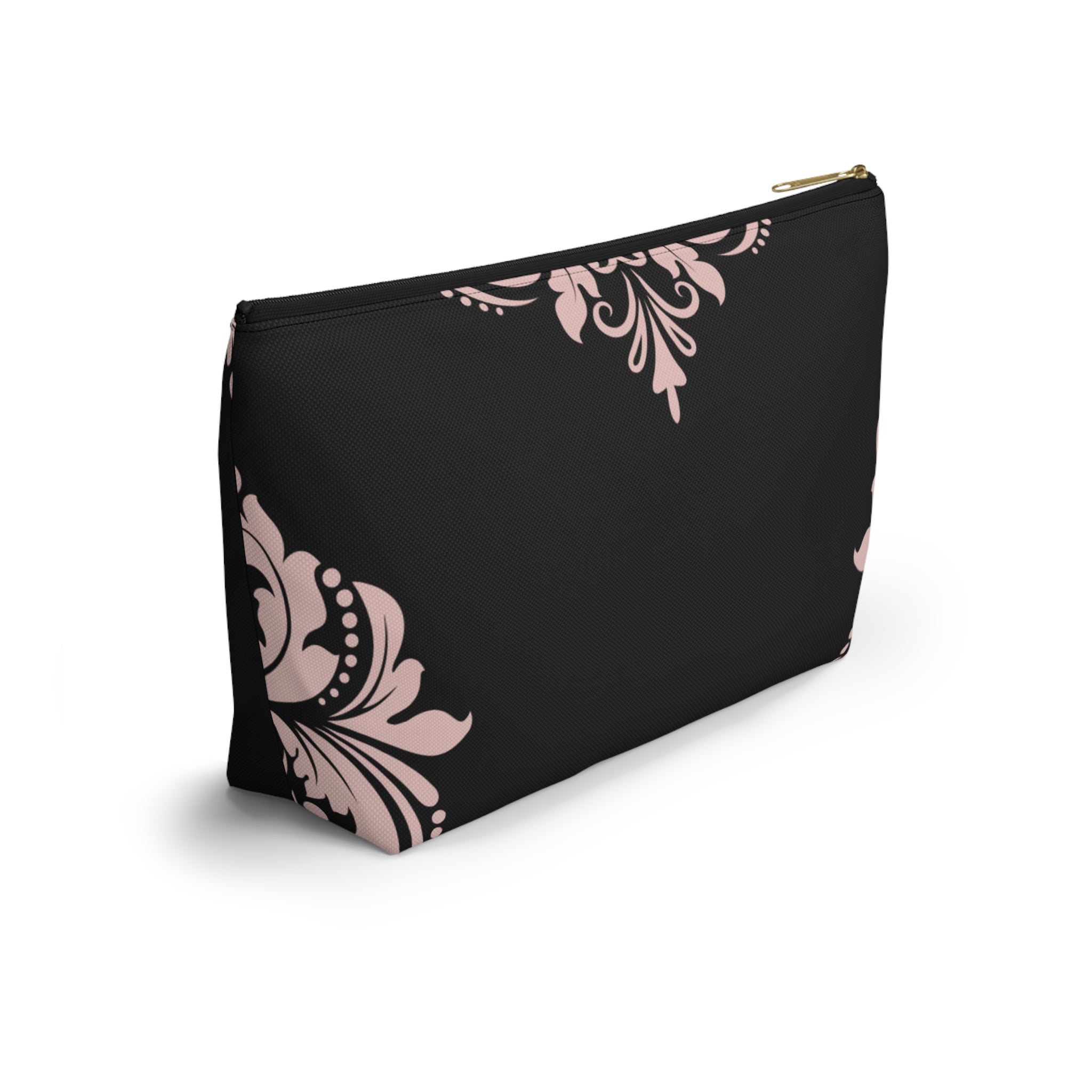 Black & Blush Damask Cosmetic Pouch with T-Bottom  —  Makeup & Travel Cosmetic Bag