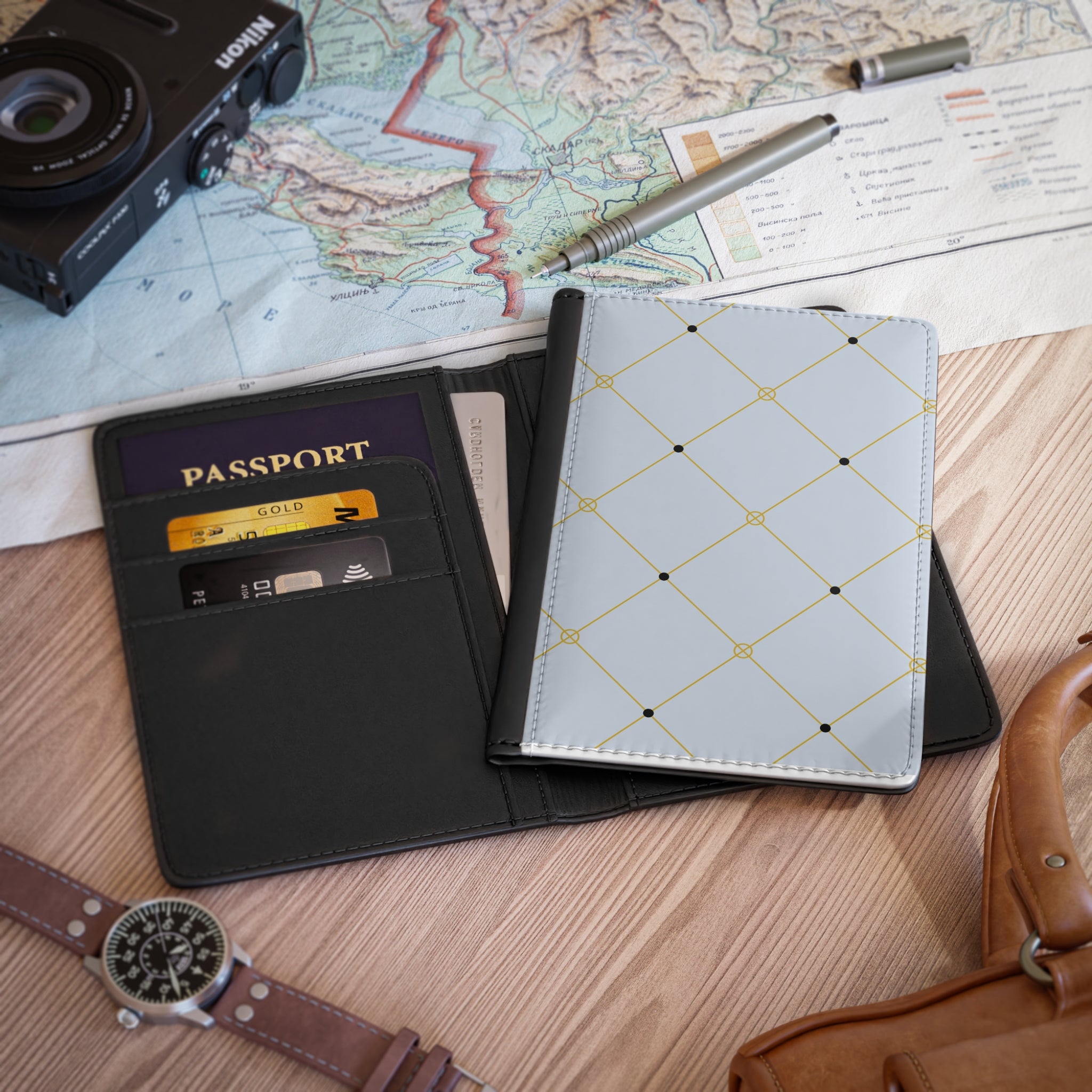 Elegant Light Blue and Gold Lattice Passport Cover — Travel Wallet