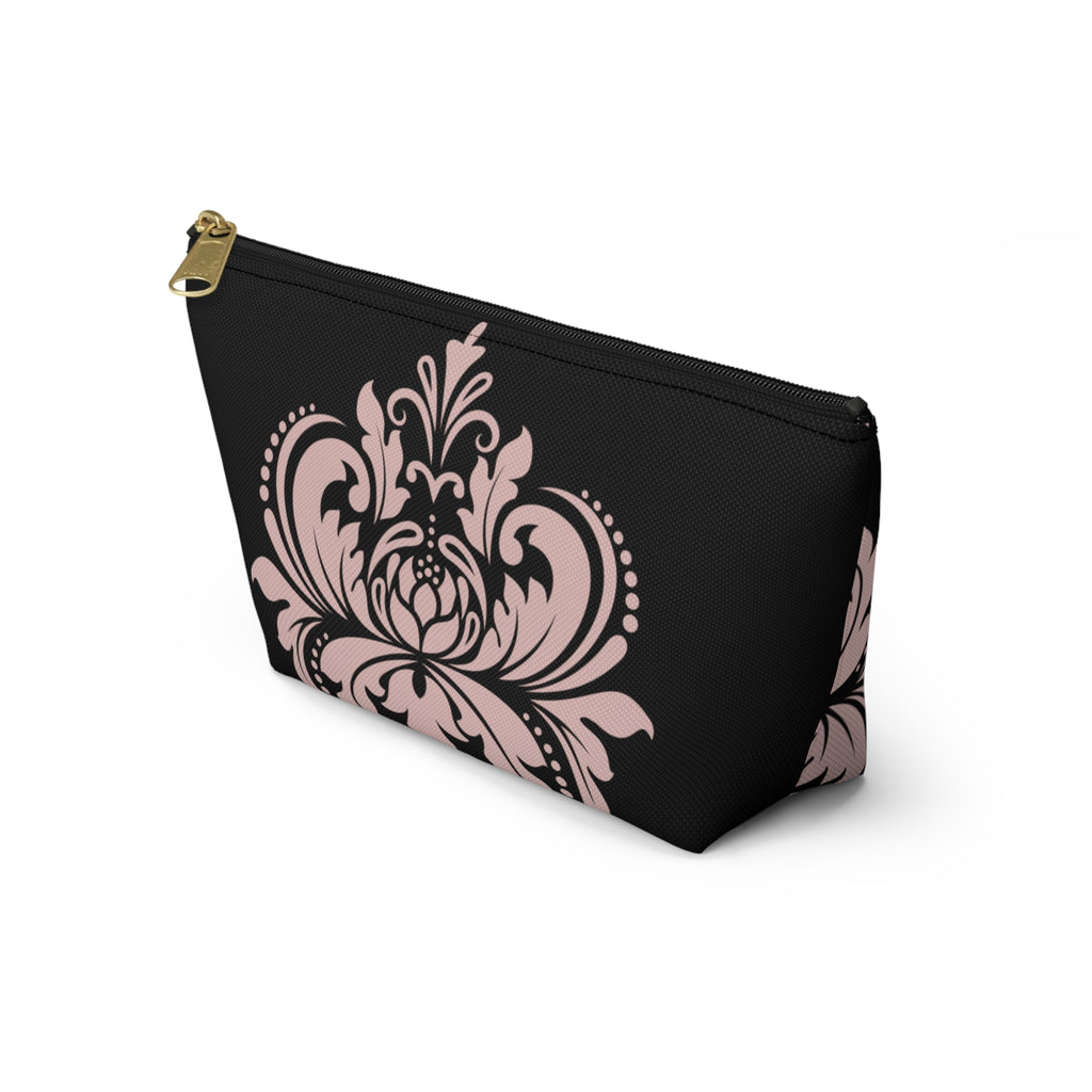 Black & Blush Damask Cosmetic Pouch with T-Bottom  —  Makeup & Travel Cosmetic Bag