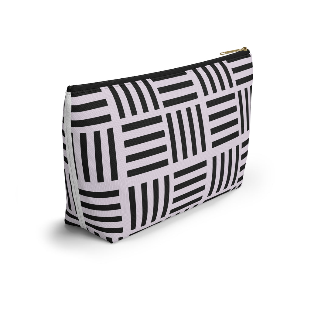 Blush and Black Geometric Grid Accessory Pouch with T-Bottom - Makeup & Travel Organzer
