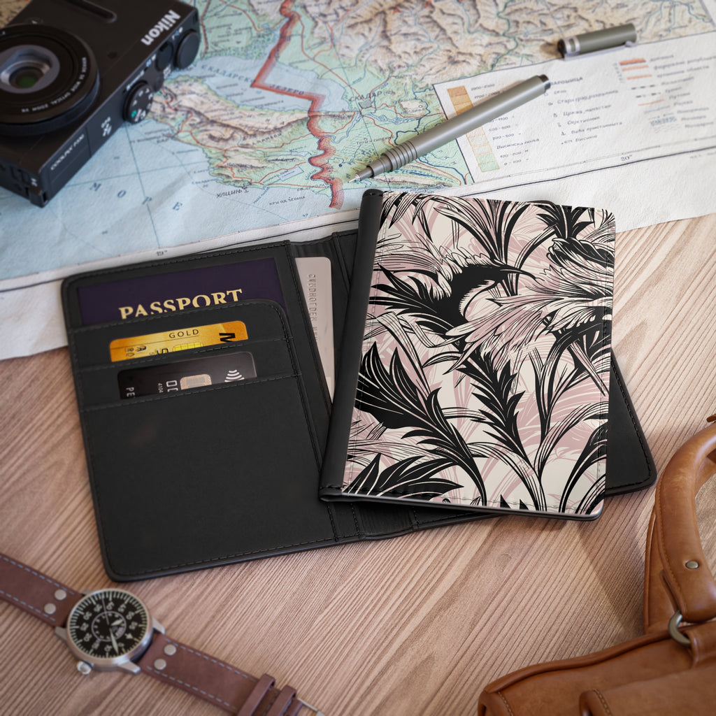 Floral Palm Passport Cover — Pink & Black Tropical Travel Wallet