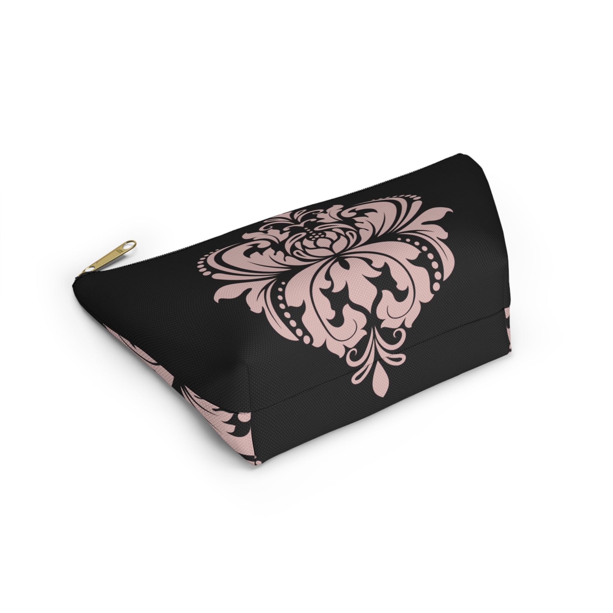 Black & Blush Damask Cosmetic Pouch with T-Bottom  —  Makeup & Travel Cosmetic Bag