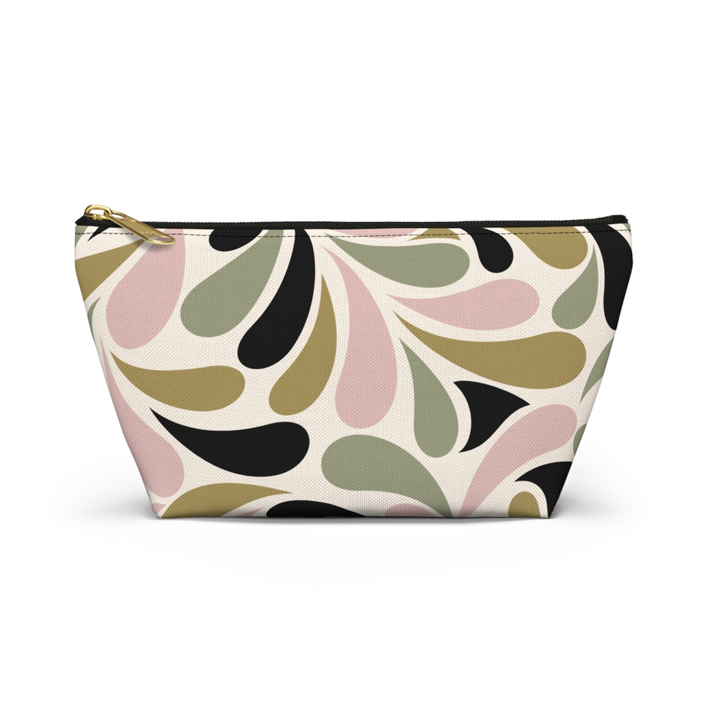 Pink, Olive & Black Retro Accessory Pouch with T-bottom - Makeup & Travel Organizer