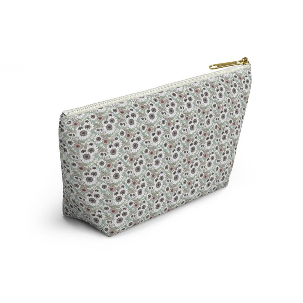 Teal Daisy Print Accessory Pouch with T‑Bottom - Makeup & Travel Cosmetic Bag