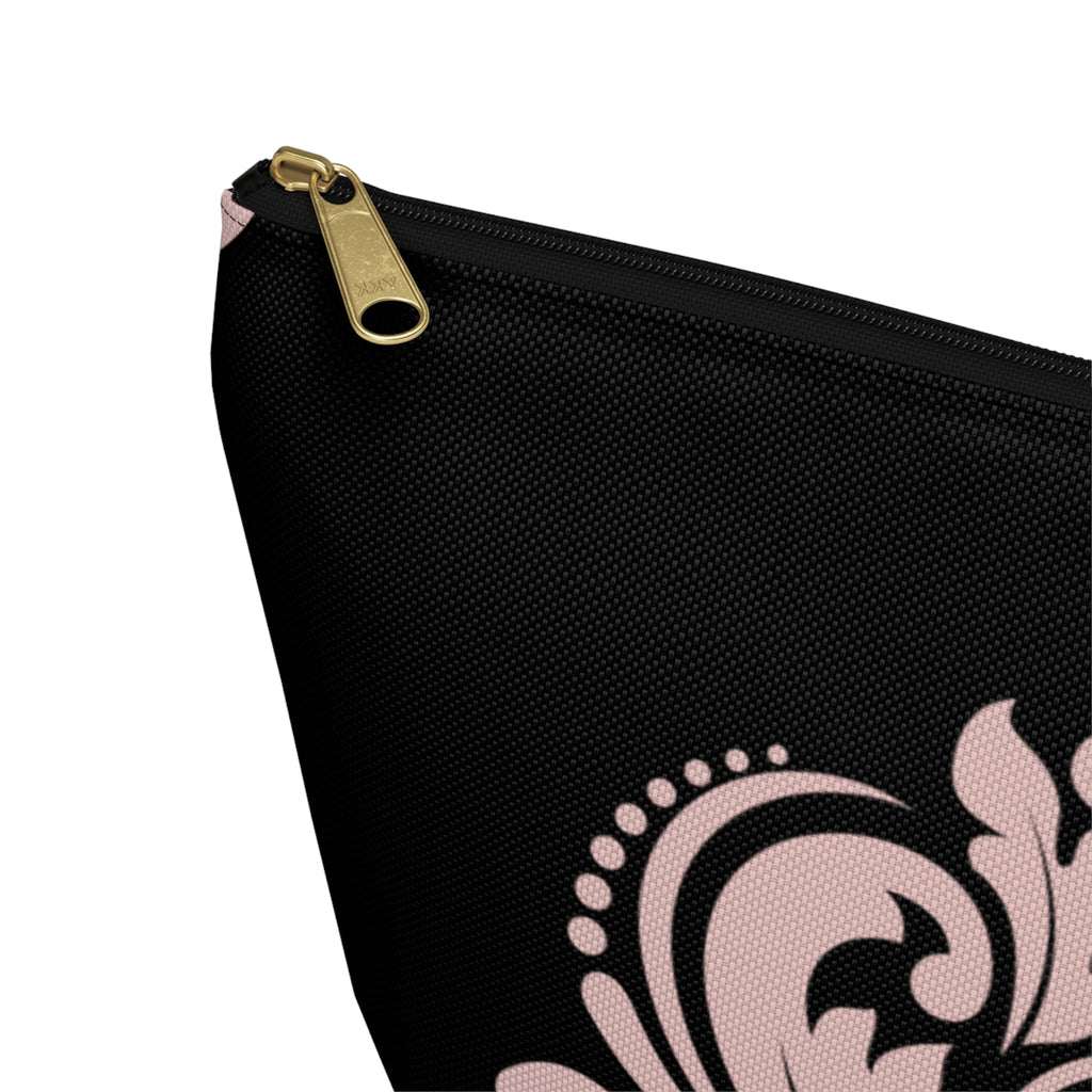 Black & Blush Damask Cosmetic Pouch with T-Bottom  —  Makeup & Travel Cosmetic Bag