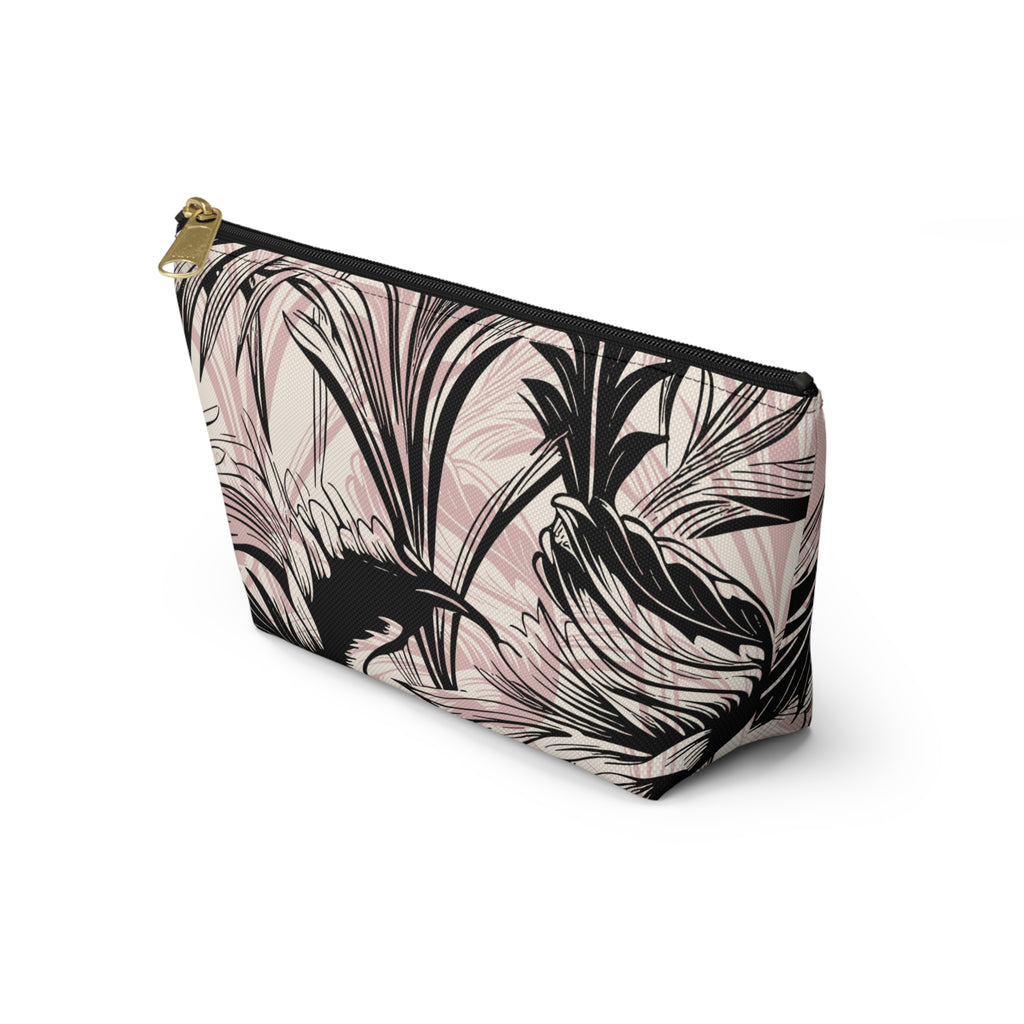 Pink & Black Palm Accessory Pouch with T‑Bottom -  Makeup and Travel Organizer